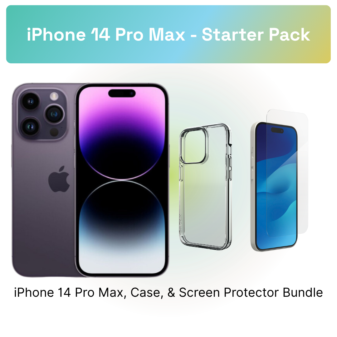 iPhone 14 Pro Max Starter Pack: iPhone 14 Pro Max, clear case, and screen protector