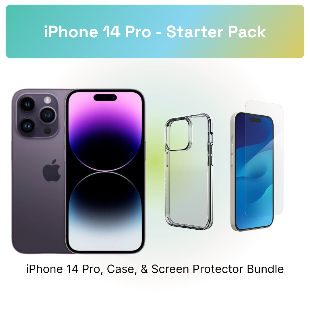iPhone 14 Pro Starter Pack: iPhone 14 Pro, clear case, and screen protector