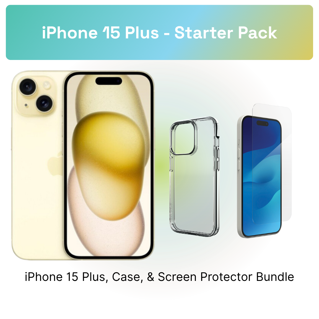 iPhone 15 Plus Starter Pack: iPhone 15 Plus, clear case, and screen protector