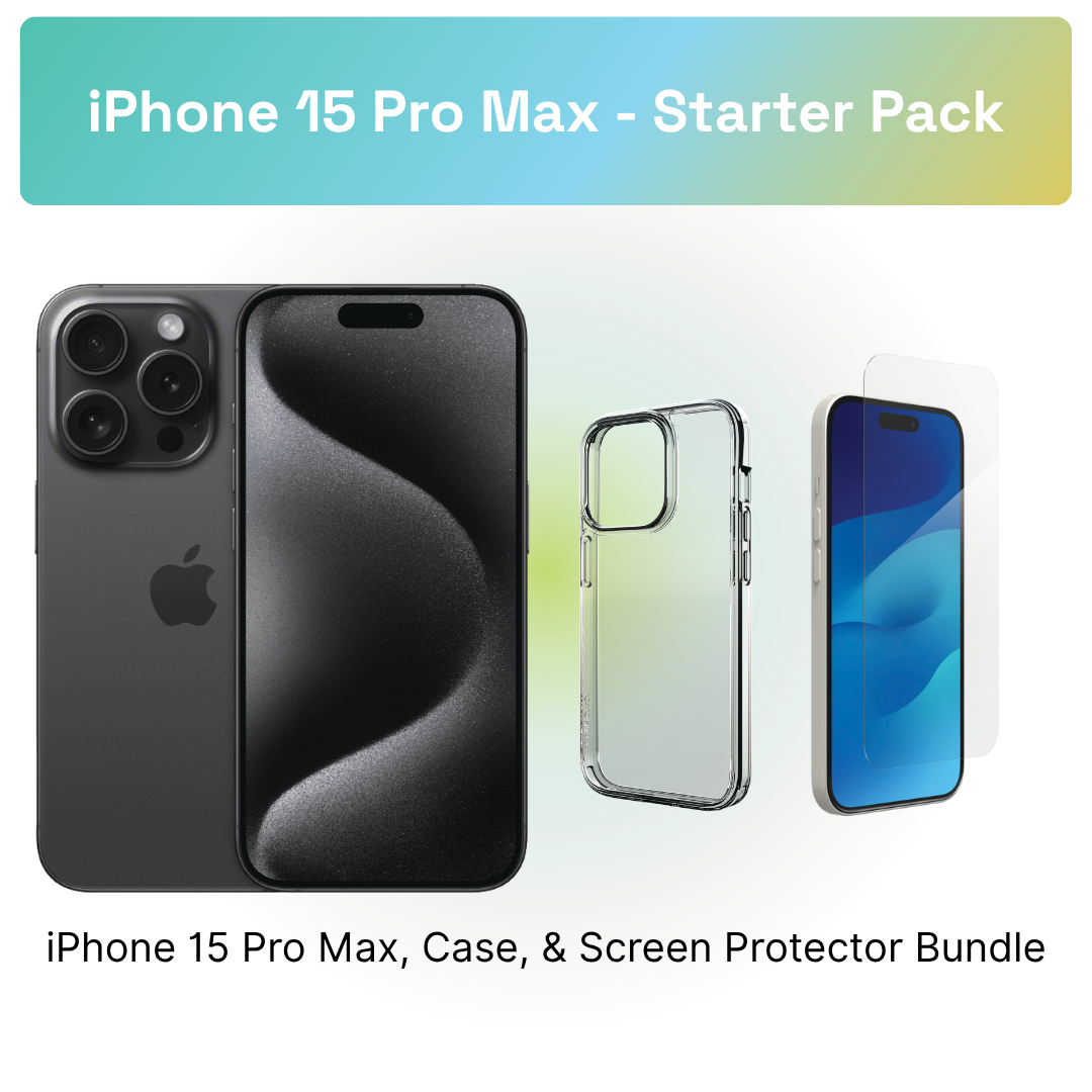iPhone 15 Pro Max Starter Pack: iPhone 15 Pro Max, clear case, and screen protector