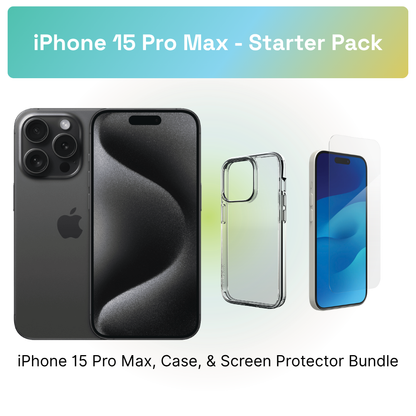 iPhone 15 Pro Max Starter Pack: iPhone 15 Pro Max, clear case, and screen protector