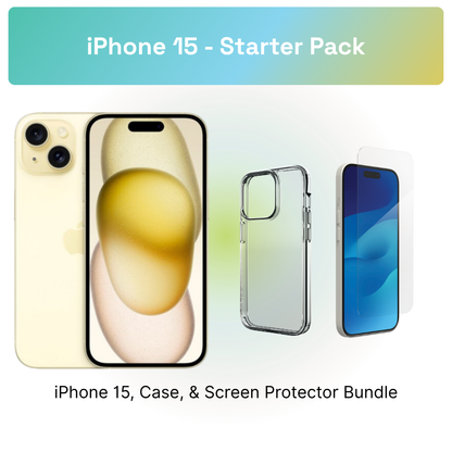 iPhone 15 Starter Pack: iPhone 15, clear case, and screen protector