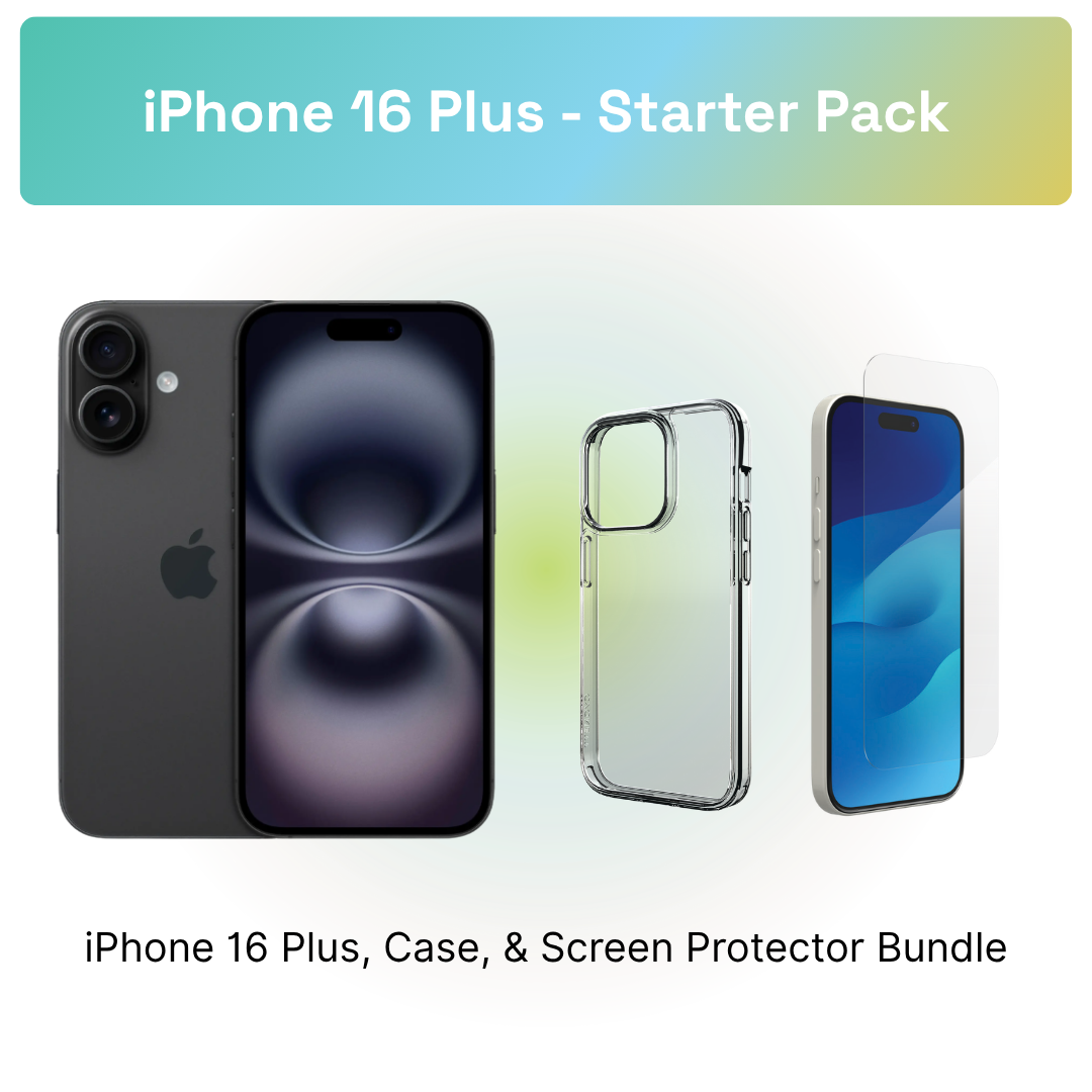 iPhone 16 Plus Starter Pack: iPhone 16 Plus, clear case, and screen protector