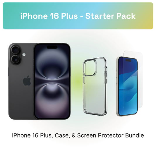 iPhone 16 Plus Starter Pack: iPhone 16 Plus, clear case, and screen protector