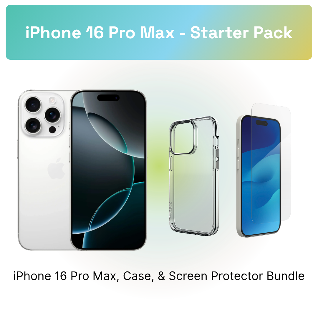 iPhone 16 Pro Max Starter Pack: iPhone 16 Pro Max, clear case, and screen protector