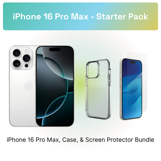 iPhone 16 Pro Max Starter Pack: iPhone 16 Pro Max, clear case, and screen protector