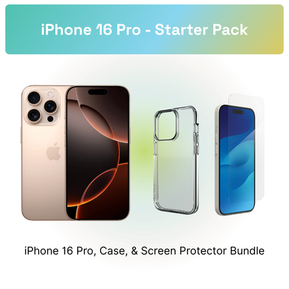 iPhone 16 Pro Starter Pack: iPhone 16 Pro, clear case, and screen protector