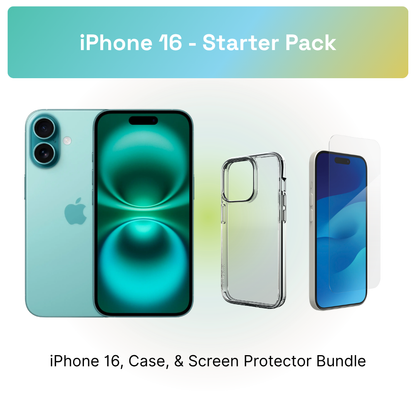 iPhone 16 Starter Pack: iPhone 16, clear case, and screen protector