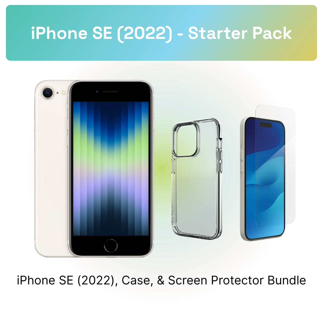 iPhone SE (2022) Starter Pack: iPhone SE (2022), clear case, and screen protector