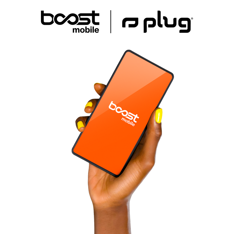 Hand holding a phone with the Boost Mobile logo, under the Boost Mobile and Plug partner logos