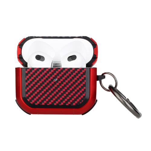 Funda para AirPods de 3.ª generación - Funda con gancho metálico y diseño de fibra de carbono - Rojo 