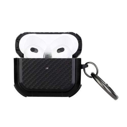 AirPods 3rd Gen Case -Carbon Fiber Design Hybrid With Metal Hook Case Cover - Black